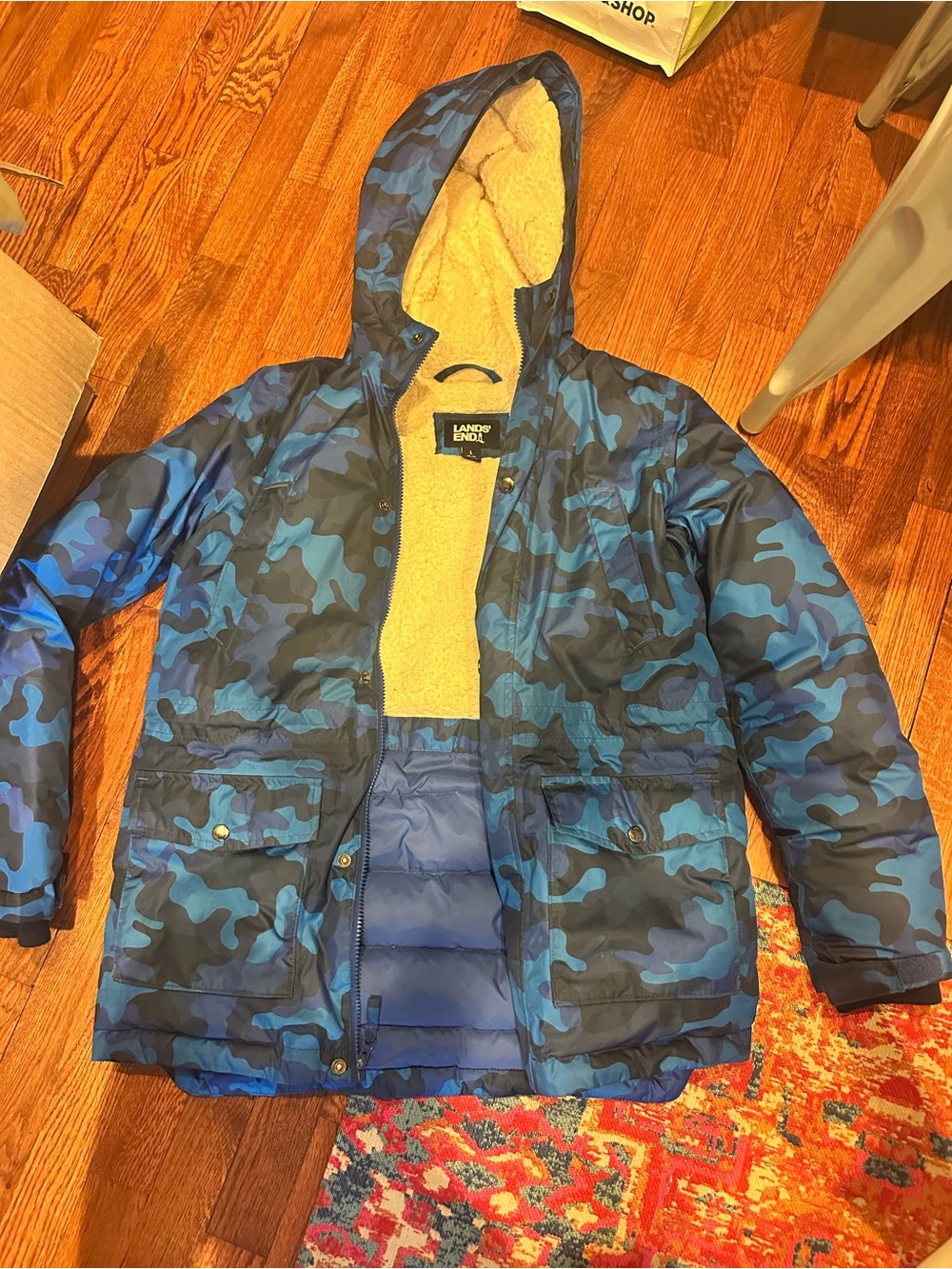 Lands' End Blue Camo Hooded Puffer Coat